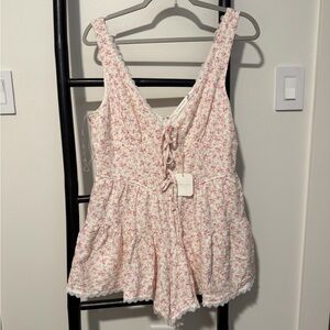 NWT Altar'd State (L) Pink Floral Lace-Trim Romper